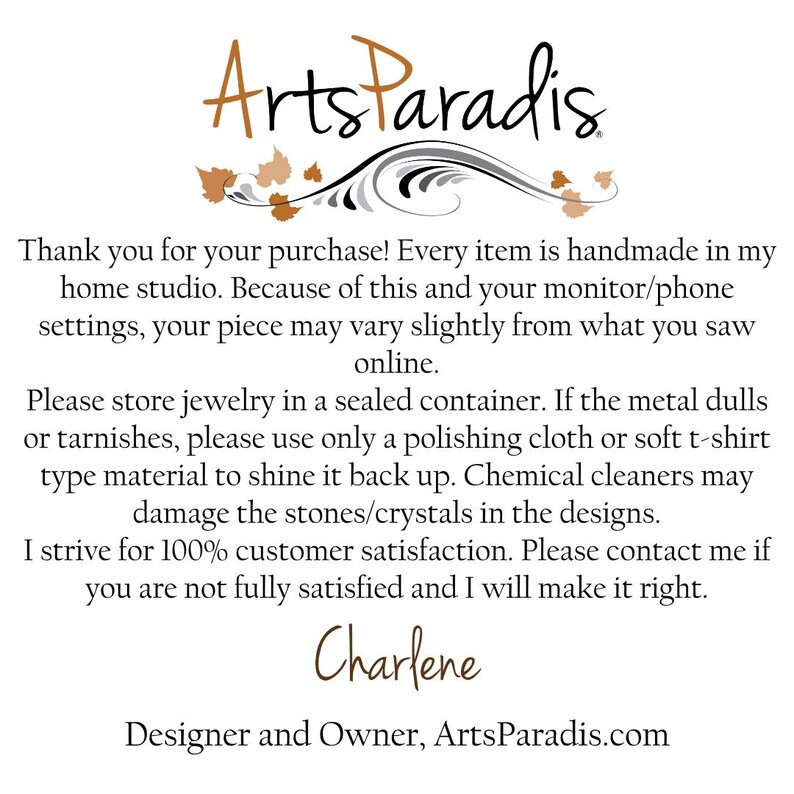 May include: White background with the ArtsParadis logo in brown and black script. Text below reads, "Thank you for your purchase!" and provides jewelry care instructions. Signed "Charlene, Designer and Owner, ArtsParadis.com."