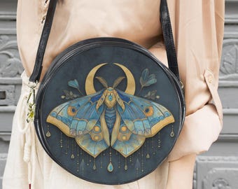 Moon moth messenger bag: Boho purse with lunar moth in blue tones, celestial night round shoulder bag