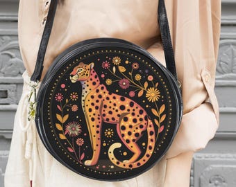 Boho Leopard messenger bag: Folk style purse with cheetah and flowers, round shoulder bag
