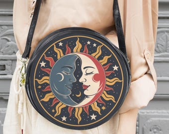 The Sun and The Moon Celestial Messenger Bag: Boho Folk Round Witchy Purse 10"