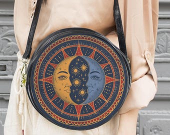 Sun and Moon Boho Messenger Bag: Celestial Folk Round Witchy Purse 10"