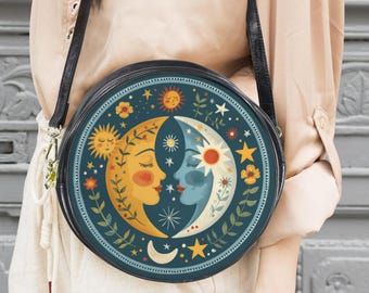 Moon and Sun Celestial Messenger Bag: Boho Folk Round Witchy Purse 10"