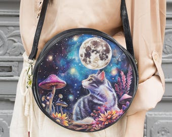 Cat and Moon Boho Messenger Bag: Celestial Round Purse 10"
