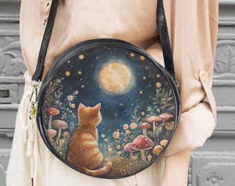 Cat in a mystic Forest Boho Messenger Bag: Celestial Night Round Purse 10" with Full Moon and Mushrooms