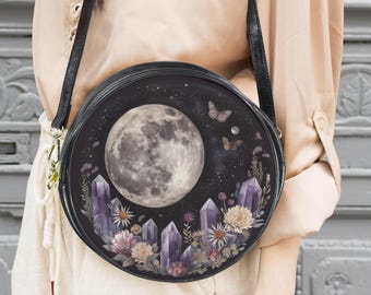 Mystic Night Boho Messenger Bag: Moon and Crystals Round Witchy Purse 10"