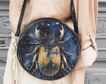Blue Scarab Round Messenger Bag: Celestial Witchy Purse 10", Mystic handbag