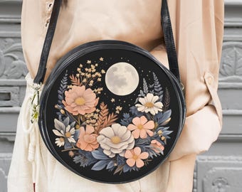 Boho Floral Purse Round Messenger Bag with Full Moon and Flowers