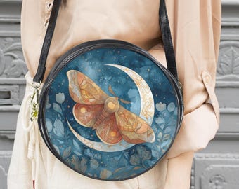 Moon Moth Vegan Leather Messenger Bag: Blue Celestial Boho Purse 10"