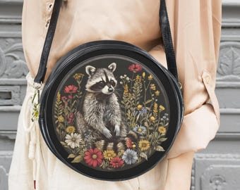 Raccoon in a meadow messenger bag: Boho floral purse with raccoon round shoulder bag