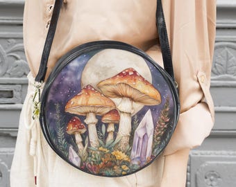 Mystic Forest Boho Messenger Bag: Moon and Mushrooms Round Purse 10"