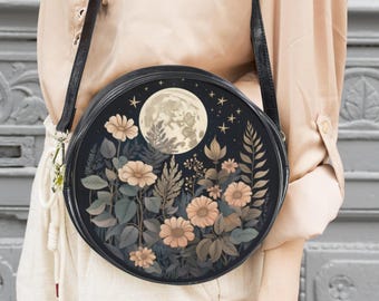 Floral Moon Purse Round Messenger Bag with Full Moon and Flowers Circle