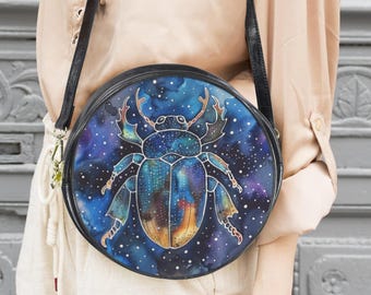 Mystic Scarab Round Messenger Bag: Celestial Witchy Purse 10"