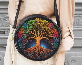 Boho Tree of Life Purse Round Messenger Bag with Colorful Tree of Life design