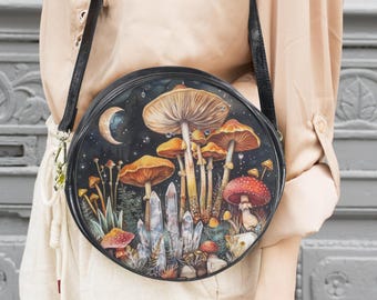 Mushroom Moon Forest Boho Messenger Bag: Mystic Night Round Purse 10"