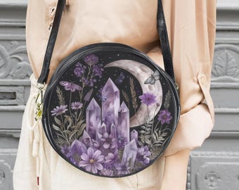 Crystals and Moon Boho Messenger Bag: Amethyst Mystic Round Witchy Purse 10"