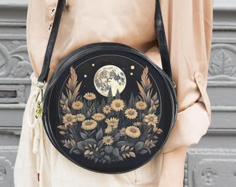 Full Moon and Flowers Purse Round Messenger Bag Boho Floral Handbag
