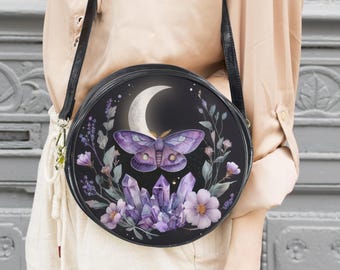 Lunar Moth Boho Messenger Bag: Moon Night and Crystals Round Purse 10"