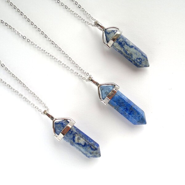 Lapis Lazuli Necklace Silver Crystal Point Pendant Necklace Lapis Jewelry Natural Stone Chain Blue Crystal Tusk Tooth Boho Mineral Jewelry