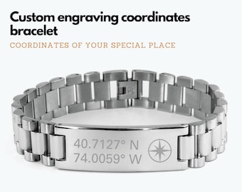 Personalized coordinate bracelet for men, Stainless steel coordinates bracelet, GPS latitude longitude bracelet, silver tone bracelet men