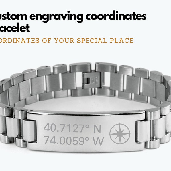 Personalized coordinate bracelet for men, Stainless steel coordinates bracelet, GPS latitude longitude bracelet, silver tone bracelet men