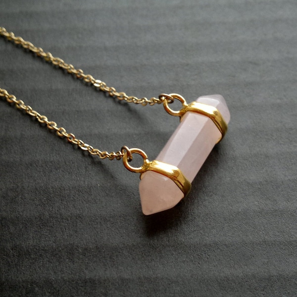 Rose Quartz Necklace Horizontal Crystal Point Rose Quartz Jewelry Crystal Penant Pink Stone Necklace Semiprecious Stone Mineral Necklace