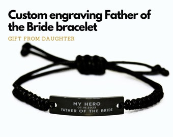 Father of the bride gift from daughter, Engraved bracelet for father of the bride, Personalized engraved bracelet men, Black rope bracelet