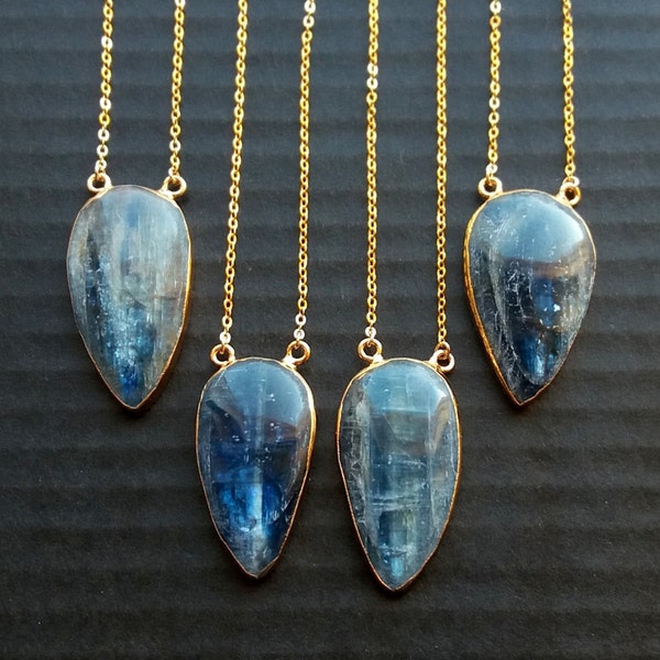 Kyanite Necklace Gold Edged Kyanite Pendant Kyanite Jewelry Kyanite Teardrop Necklace Polished Kyanite Blue Stone Necklace Stone Jewelry