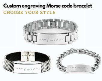 Custom Morse code bracelet for men, Custom engraving bracelet for men, Mens engraved bracelet, Silver tone engraved bracelet for him