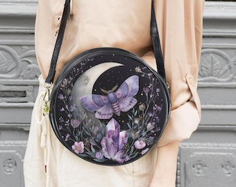 Night Moth Boho Messenger Bag: Moon and Crystals Round Purse 10"