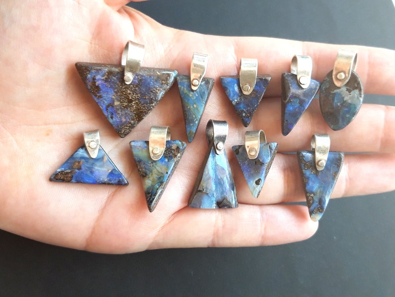 Opal Necklace Blue Opal Pendant Opal Jewelry Australian Opal Necklace Genuine Opal Necklace Stone Necklace Geometric Pendant Silver Opal