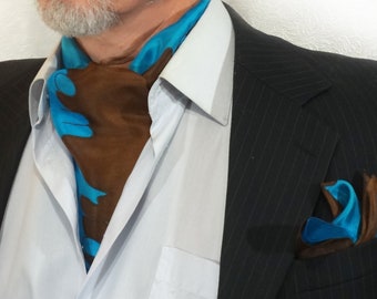 Ascot for men Fashion silk scarf and handkerchief set Hand painted cravat & pocket square Blue turquoise brown Formal Handmade necktie Tie