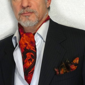 Mens silk ascot scarf Hand painted cravat and kerchief set Deluxe wedding Red Black dragon Anniversary Gift for husband father fiance groom