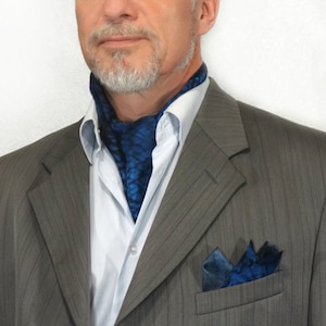 Hand painted ascot Man day cravat Men shirt silk scarf handkerchief matching set Classic blue black gray Unformal necktie tie pocket square