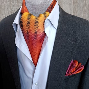 Mens silk ascot scarf Hand painted cravat and kerchief set Orange Black Yellow Informal necktie pocket square Flamboyant wedding Anniversary