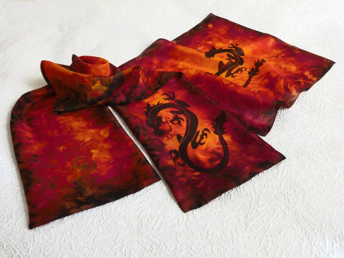 Mens Silk Ascot Scarf Hand Painted Cravat and Kerchief Set Deluxe