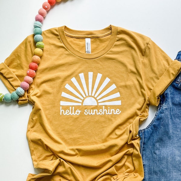 MARKED DOWN - Hello Sunshine - unisex tee - heather mustard - bella + canvas