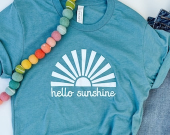 MARKED DOWN - Hello Sunshine - unisex tee - heather blue lagoon - bella + canvas