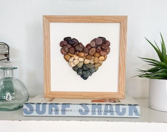 Beach Rock Art #7 - Rainbow Rock Heart - 9x9 light, thin wood frame