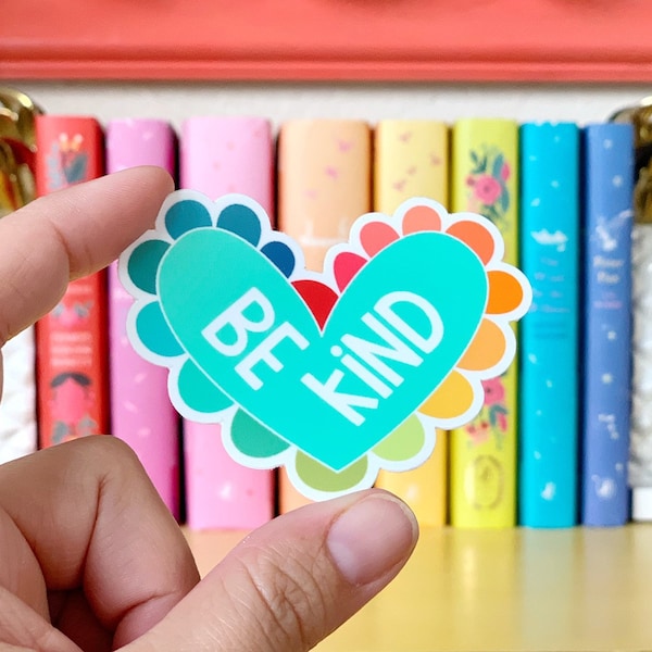 Be Kind in scalloped heart - rainbow colors vinyl sticker - water bottle sticker - laptop sticker - planner sticker