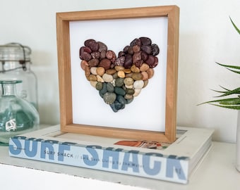 Beach Rock Art #5 - Rainbow Rock Heart - 8x8 wood frame
