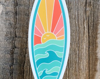 Sunshine and Waves surfboard - die cut vinyl sticker in bright colors - water bottle sticker - laptop sticker - planner sticker