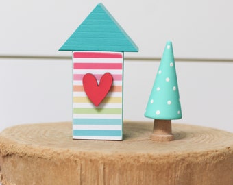 Happy Cottage House - horizontal rainbow stripes + light aqua tree