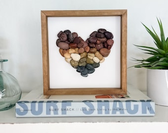 Beach Rock Art #6 - Rainbow Rock Heart - 8x8 wood frame