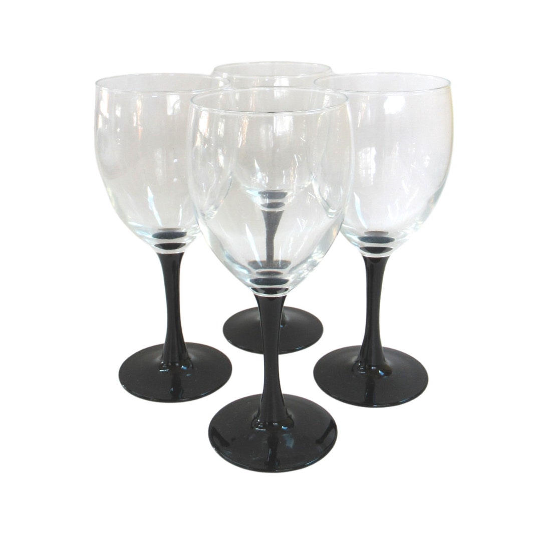 Vintage Black Stem Wine Glasses Set of 4 Etsy