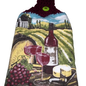 WINE And CHEESE TOWEL Double Layer Hanging Kitchen Dish Towel with Crochet Top