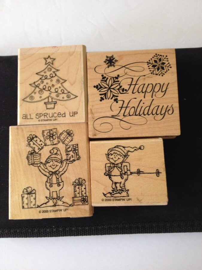 Lot of 4 wood mount rubber stamps Christmas TREE ELVES Happy Etsy