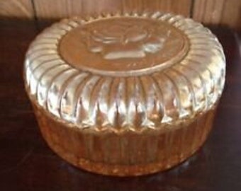 Marigold Iridescent Carnival Glass Powder Dish/ Candy Dish w/ lid- Rose Design