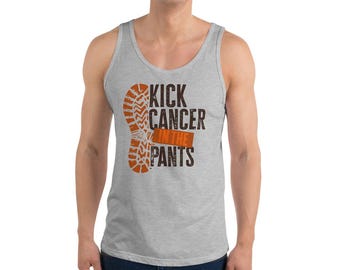May include: A gray tank top with a brown and orange graphic of a footprint. The graphic says "Kick Cancer in the Pants".