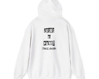 May include: White hooded sweatshirt with the text "JESUS IS PUNK!" in black block letters. The text "MATTHEW 21:12-13" is printed below the main text. The sweatshirt has a drawstring hood and long sleeves.
