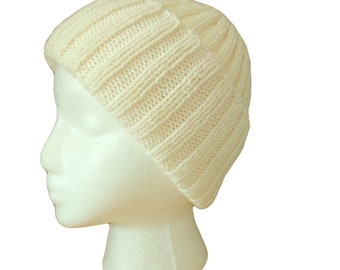White watch cap, hand knit in Superwash merino wool,